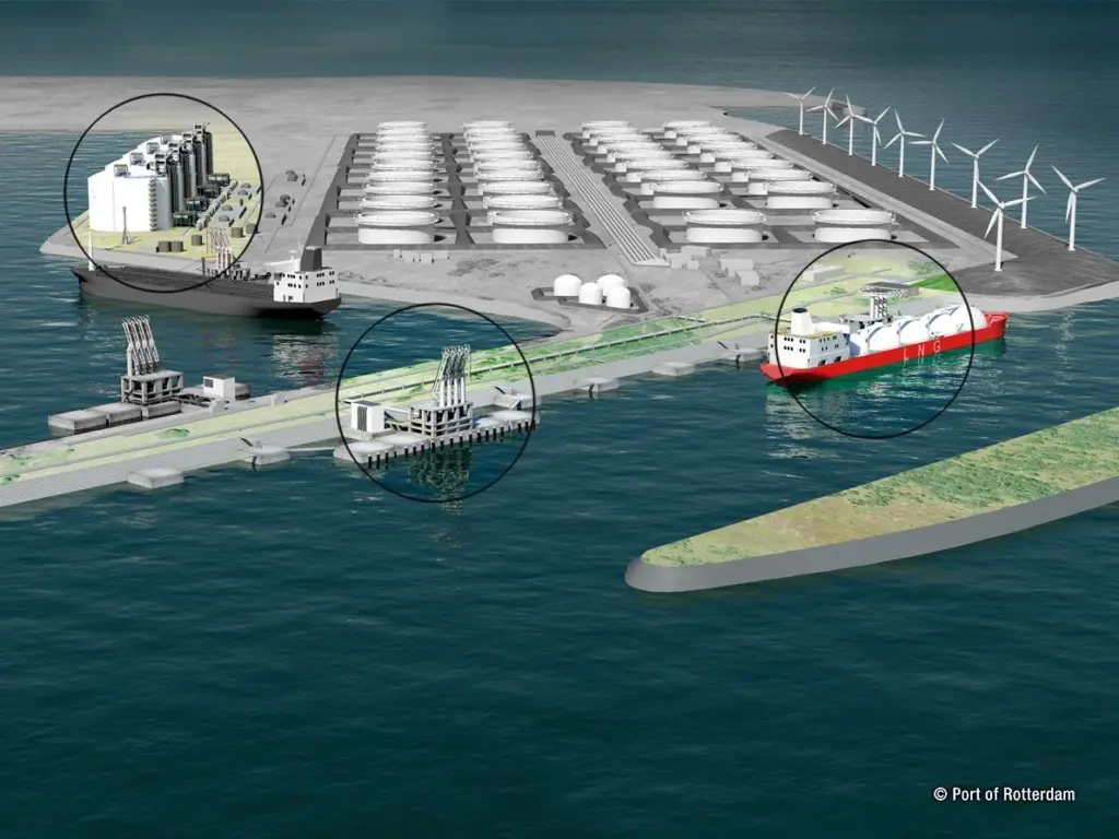 A simulation of the completed terminal highlighting the two berths/jetties and terminal process area. (Gate Terminal)