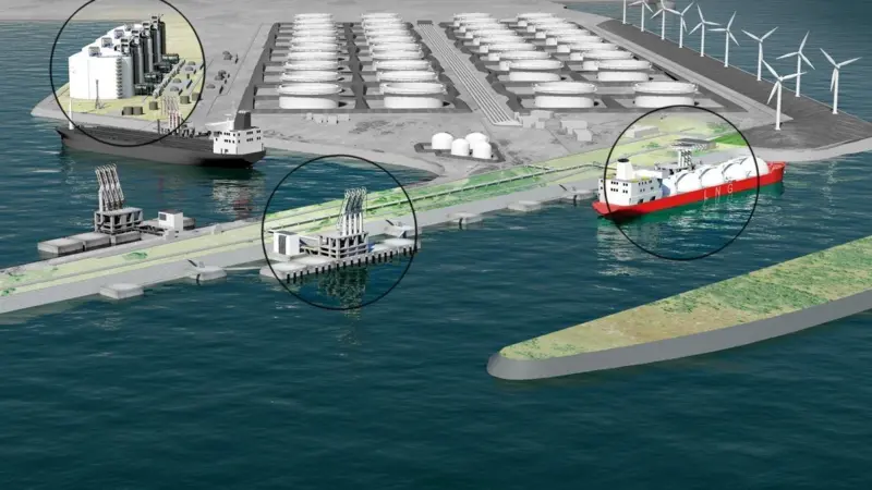 A simulation of the completed terminal highlighting the two berths/jetties and terminal process area. (Gate Terminal)