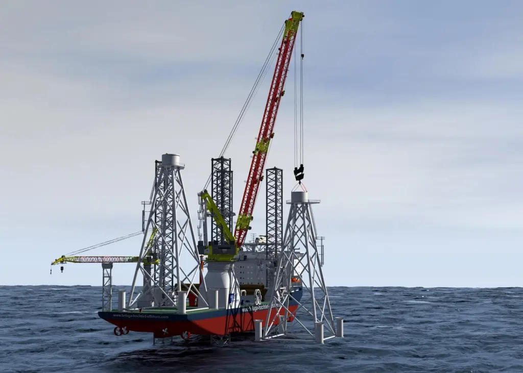 The crane and the heavy lift jack-up vessel will load, transport and install up to 80 wind energy plants per year, with heights of up to 120m.