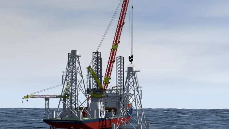 The crane and the heavy lift jack-up vessel will load, transport and install up to 80 wind energy plants per year, with heights of up to 120m.