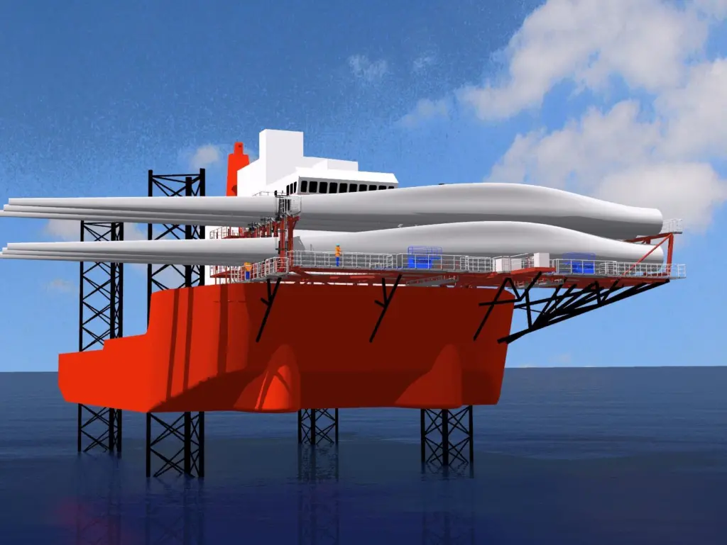 A computer generated image shows a Seajacks vessel carrying wind turbine blades on its blade rack.
