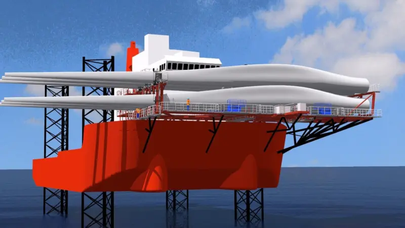 A computer generated image shows a Seajacks vessel carrying wind turbine blades on its blade rack.