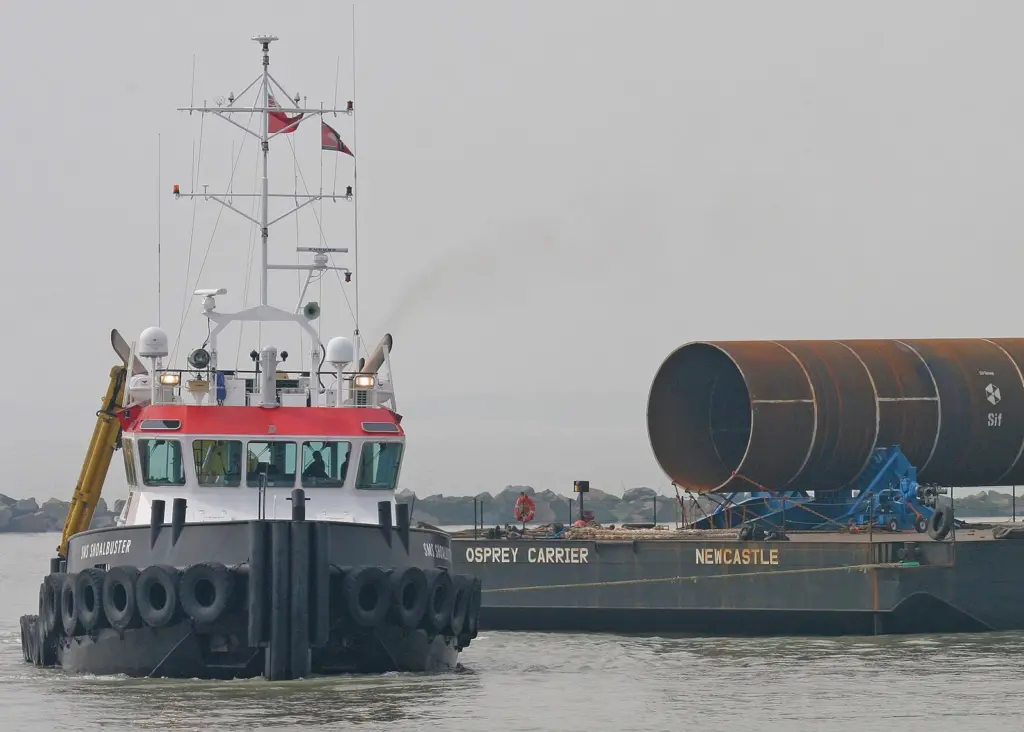 A barge carrying monopile foundations arrives at Ramsgate for the Thanet Offshore Windfarm.