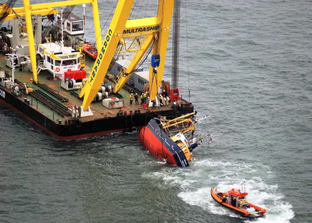 The fishing vessel Nieuwpoort 28 was transported to Flushing in Cormorant’s slings. Photo: Peter Buteijn
