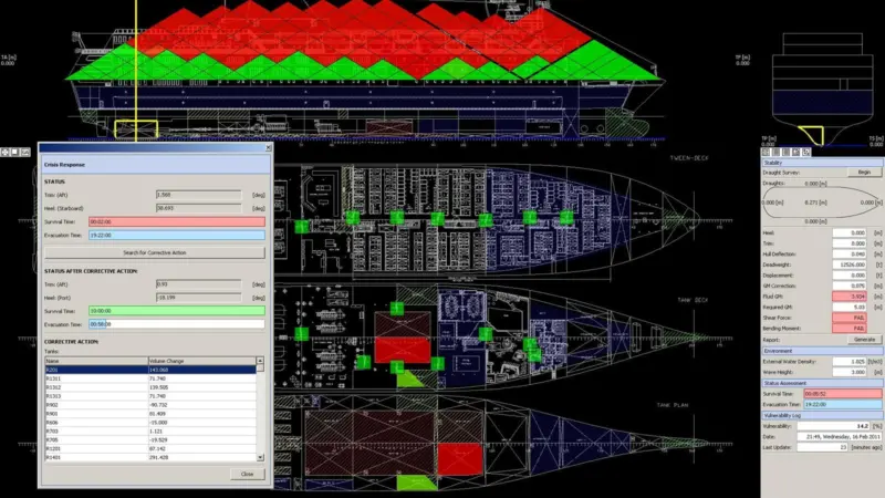 FLAGSHIP-DSS integrates prognosis tools for fire and flooding with an evacuation simulation process, an advanced onboard stability calculator as well as an onboard emergency management system.
