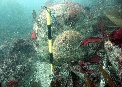 A cannon is seen on the seafloor at the wreck site of the warship ‘Coronation’.
