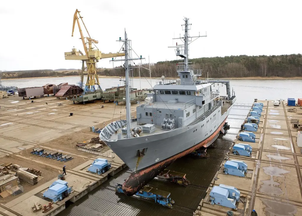 The ‘Schwedeneck’ is seen in drydock for conversion works at the Peene facility of P + S Werften in Wolgast.