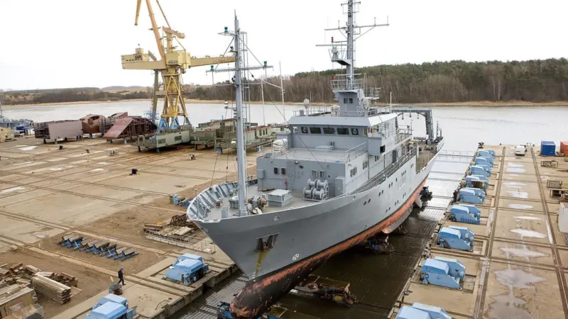 The ‘Schwedeneck’ is seen in drydock for conversion works at the Peene facility of P + S Werften in Wolgast.