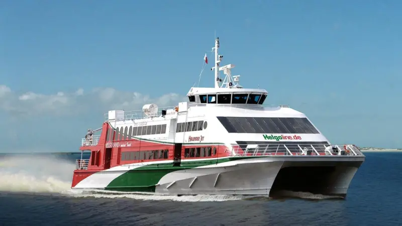 ‘Halunder Jet’ carries about 580 passengers on the nearly four hour journey between Hamburg/Cuxhaven and Heligoland.