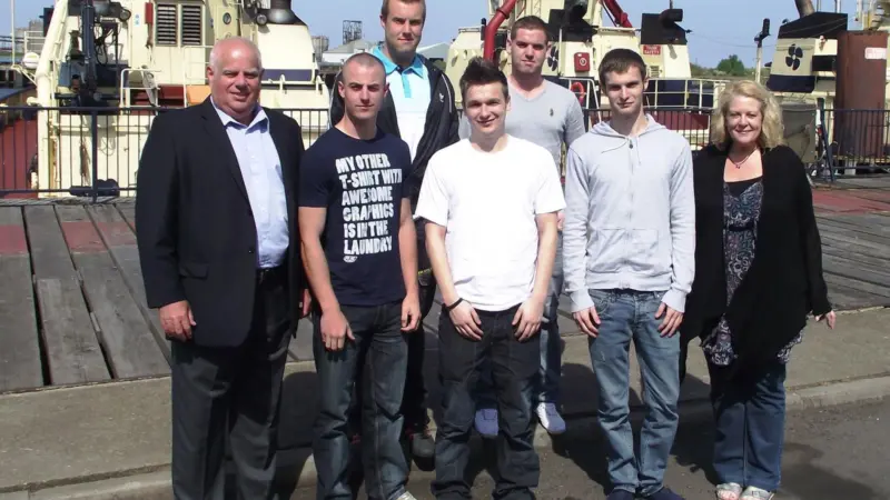 Svitzer’s training coordinator, Capt Dai Coombes, and HR representative Wendy Harvey welcome the first five apprentices at the company’s Teeside HQ.