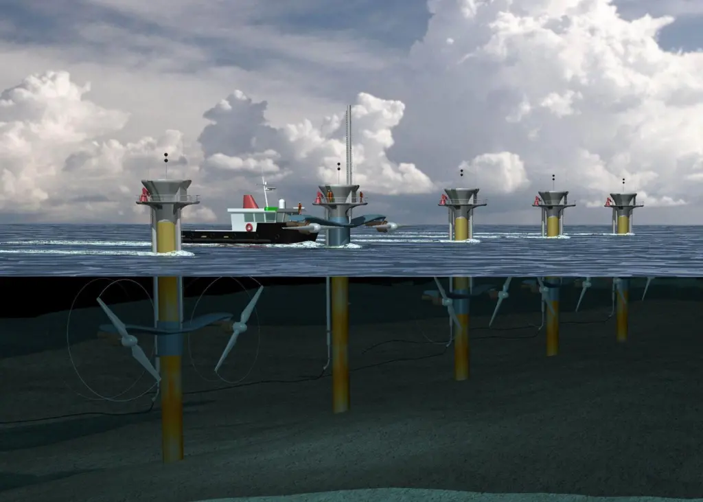 An artist’s impression of an array of four SeaGen tidal turbines, such as may be deployed at Kyle Rhea.