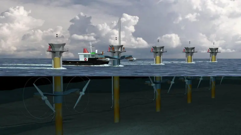 An artist’s impression of an array of four SeaGen tidal turbines, such as may be deployed at Kyle Rhea.