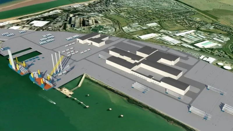 An artist’s impression of the proposed Vestas wind turbine manufacturing facility at Sheerness in Kent UK. Image: Vestas