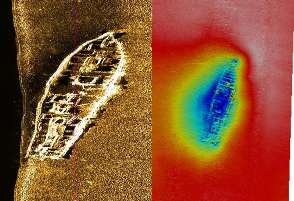 Sonar imagery of a previously unknown 45m wreck found in the outer Thames Estuary by Emu during recently completed pre-construction surveys for the London Array Wind Farm project and its associated export cable route.