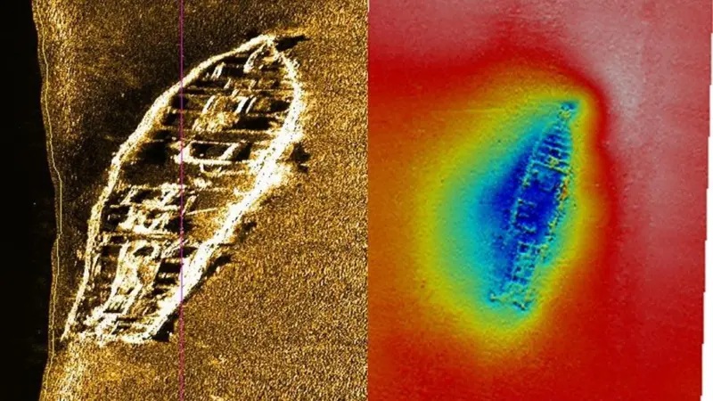 Sonar imagery of a previously unknown 45m wreck found in the outer Thames Estuary by Emu during recently completed pre-construction surveys for the London Array Wind Farm project and its associated export cable route.