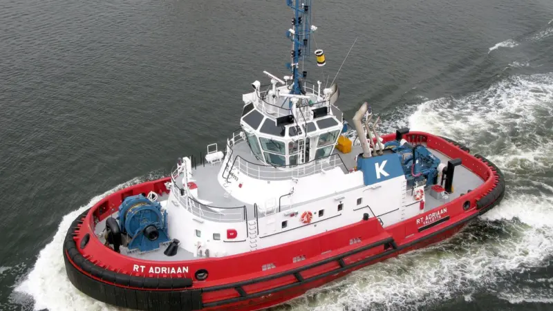 RT Adriaan, one of the latest generation of 80 ton bollard pull Rotor Tugs, will become the first European ‘Hybrid’ shiphandling EKOTUG. (photo courtesy H Hoffmann)