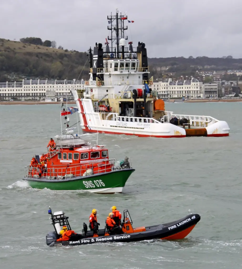The ETV Anglian Monarch is shown operating with a French lifeboat and fire and rescue service RIB during a joint Anglo-French Manchex exercise. (Photo courtesy of Peter Barker)