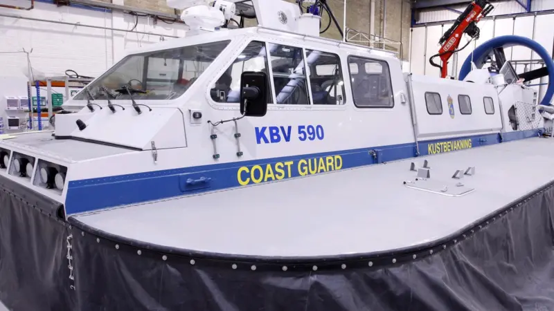 The hovercraft under construction for the Swedish Coastguard at Griffon Hoverwork’s facility in Southampton.