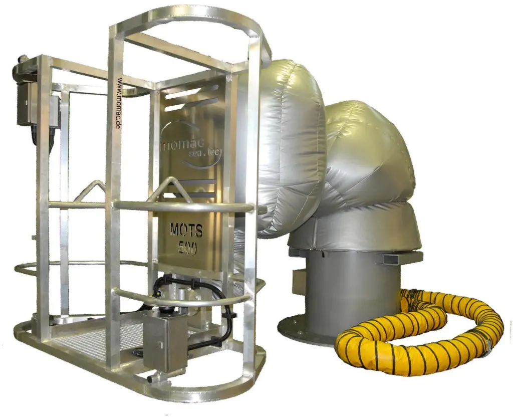 The new Momac Offshore Transport System features a freely adjustable robot arm which allows for the safe transfer of personnel onto wind turbines, compensating for vertical differential movements of up to 3.2m.
