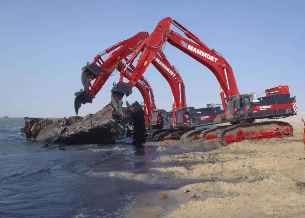 The excavators, seen working from shore, will primarily be deployed from a pontoon during the Mauretania project.