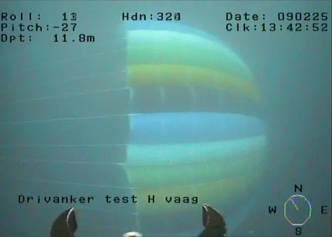 A sea anchor is seen as filmed from an ROV during trials.
