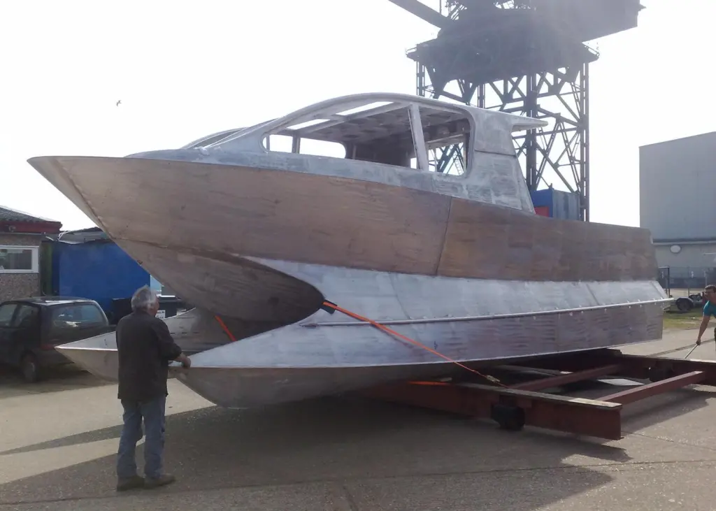 The twin ‘pronged’ hull of the wave peircing cat on the Seawork quayside last month.
