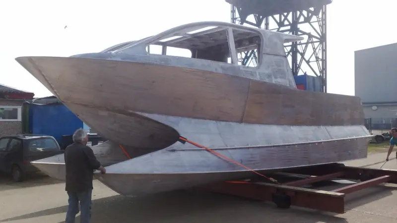 The twin ‘pronged’ hull of the wave peircing cat on the Seawork quayside last month.
