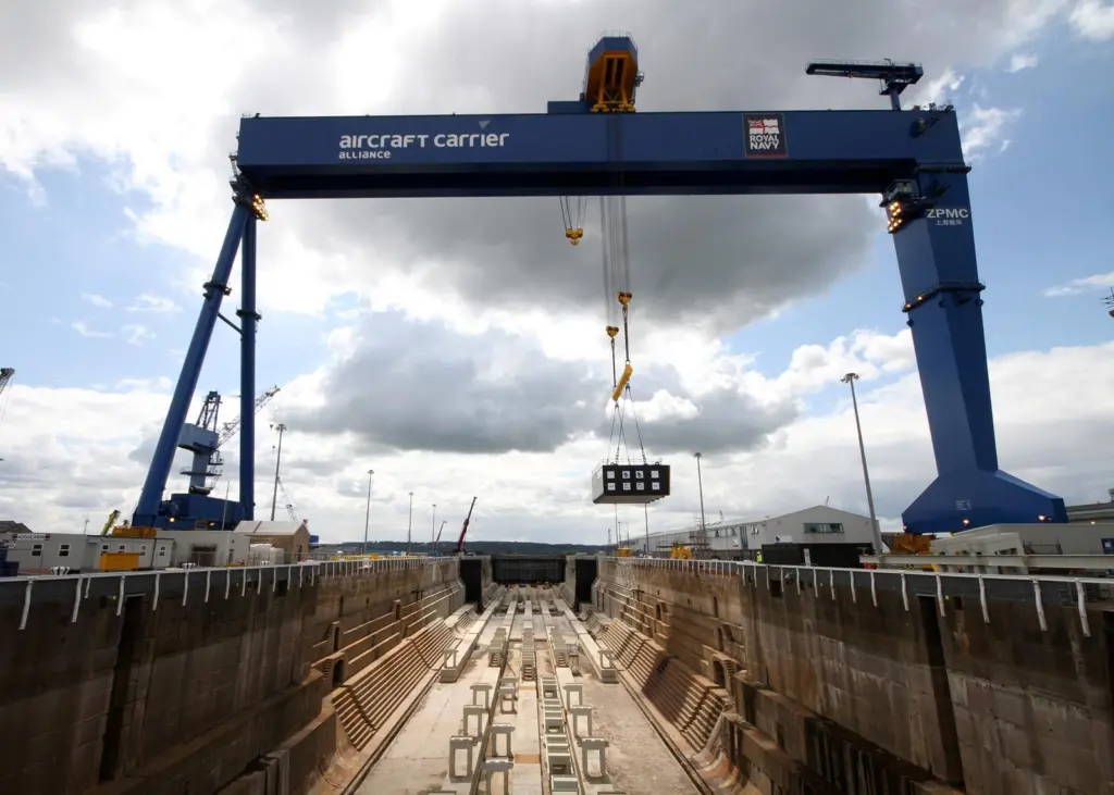 The Goliath crane will be used to lift and place the aircraft carrier sub-blocks and components without disrupting the dockside area adjacent to the ship.