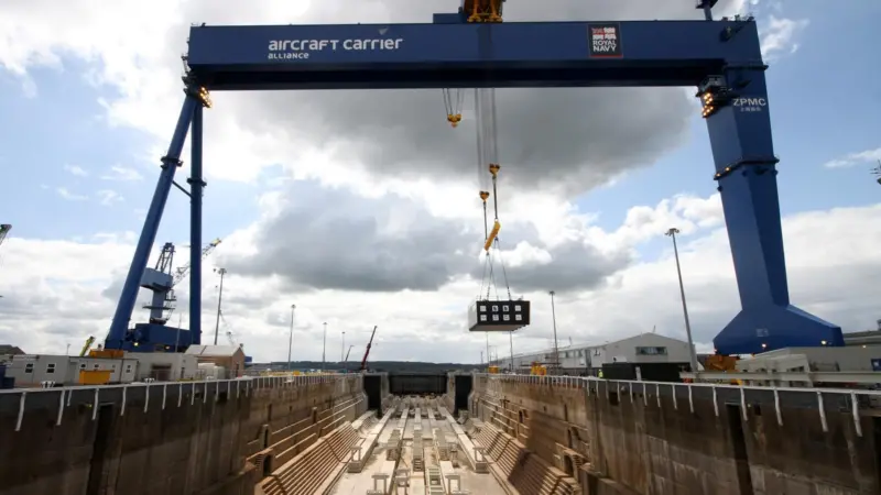 The Goliath crane will be used to lift and place the aircraft carrier sub-blocks and components without disrupting the dockside area adjacent to the ship.