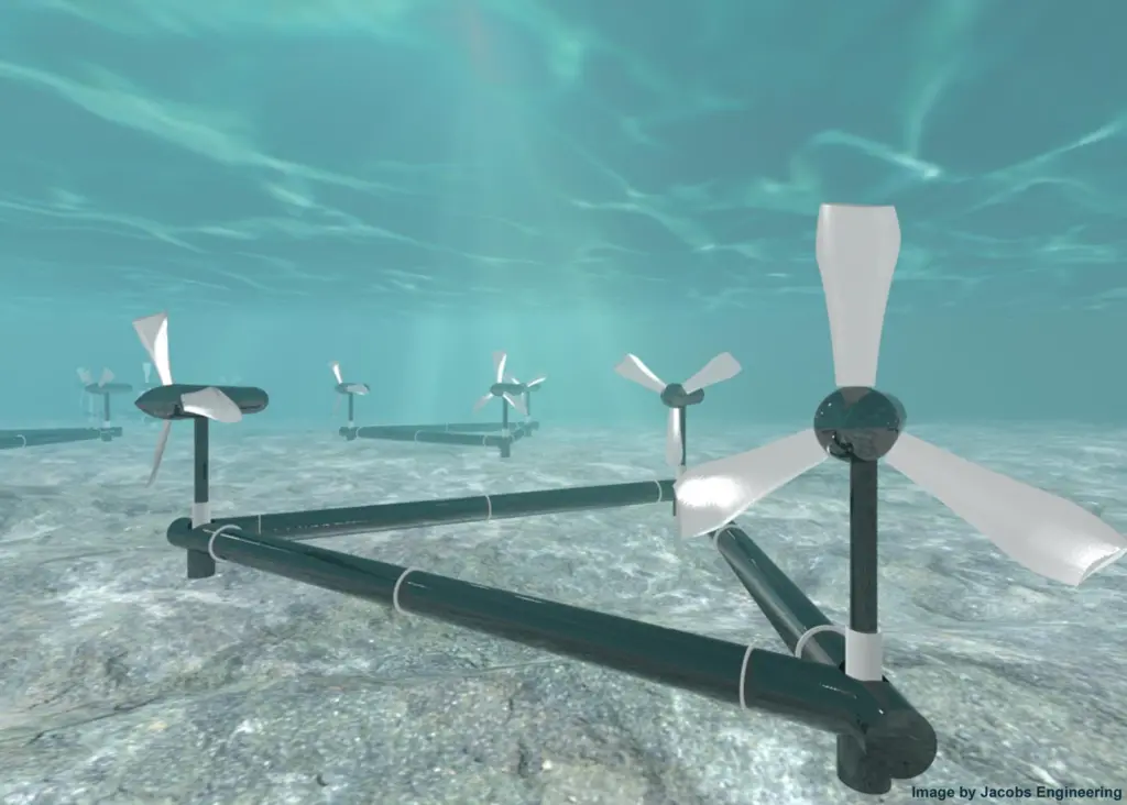 The DeltaStream unit sits on the seabed and generates electricity from three separate horizontal axis turbines mounted on a common frame.
