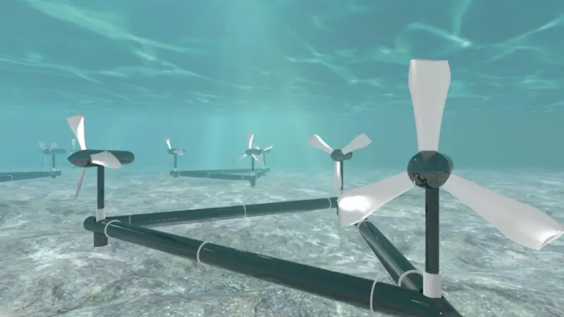 The DeltaStream unit sits on the seabed and generates electricity from three separate horizontal axis turbines mounted on a common frame.