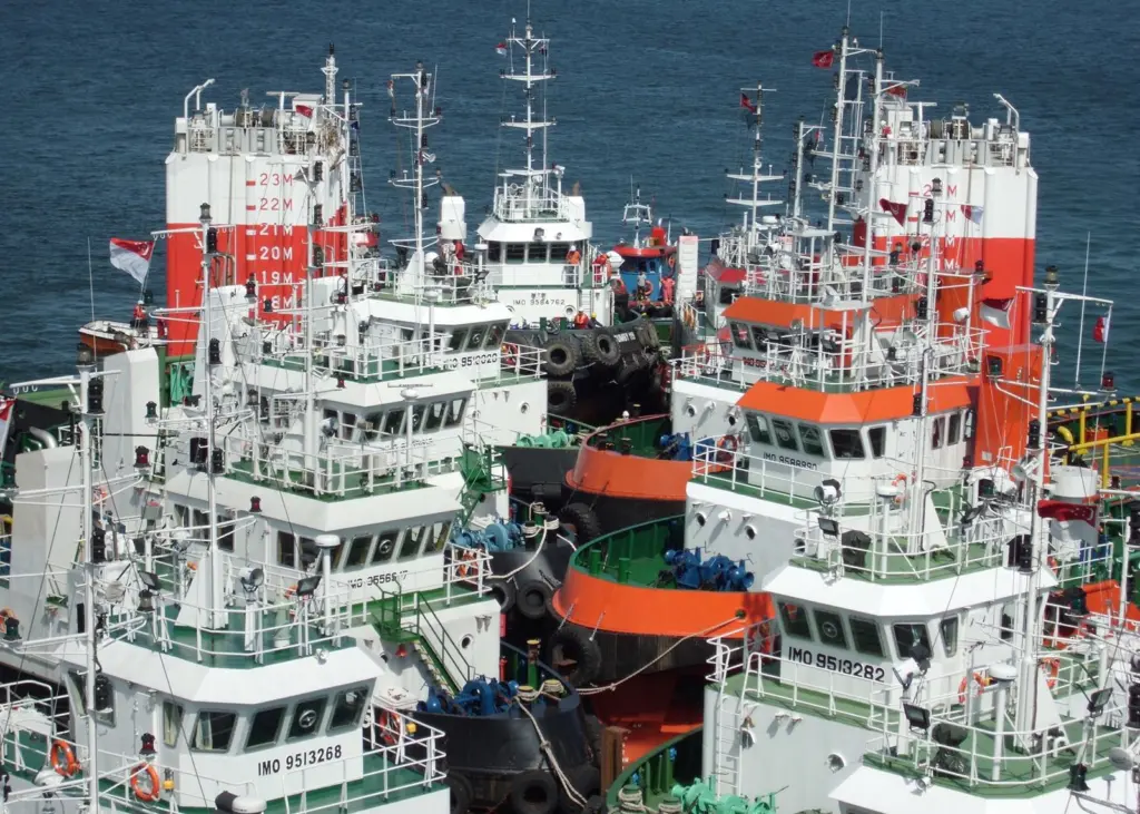 A view from the bridge of the heavy lift ship Fjell shows 16 tugs on the cargo deck.