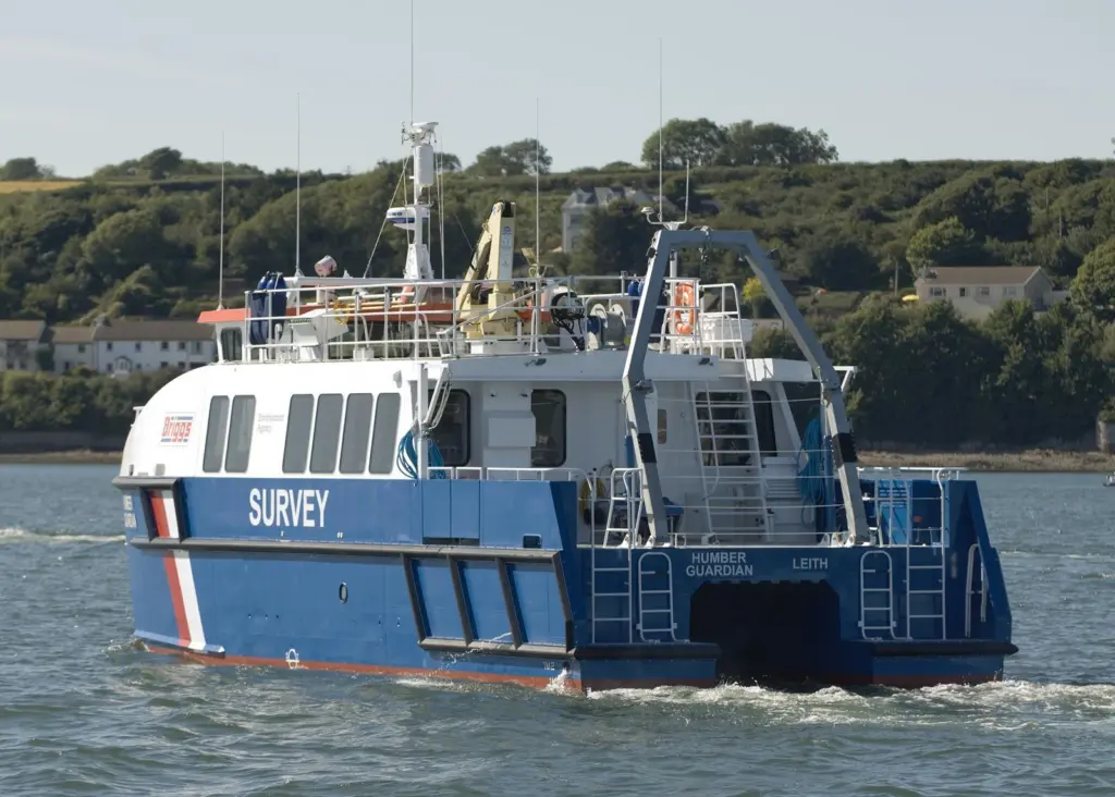 Humber Guardian is comprehensively equipped for survey operations, note crane and winch on upper aft deck.