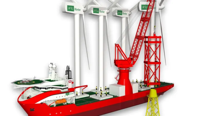 An artist’s impression of the latest wind turbine installation design proposal from W3GM-IHC Merwede.
