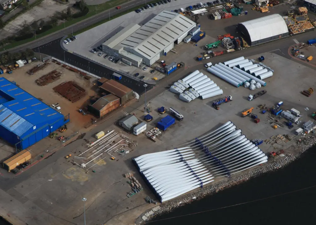 An aerial view of turbine laydown at the Invergordon Service Base..