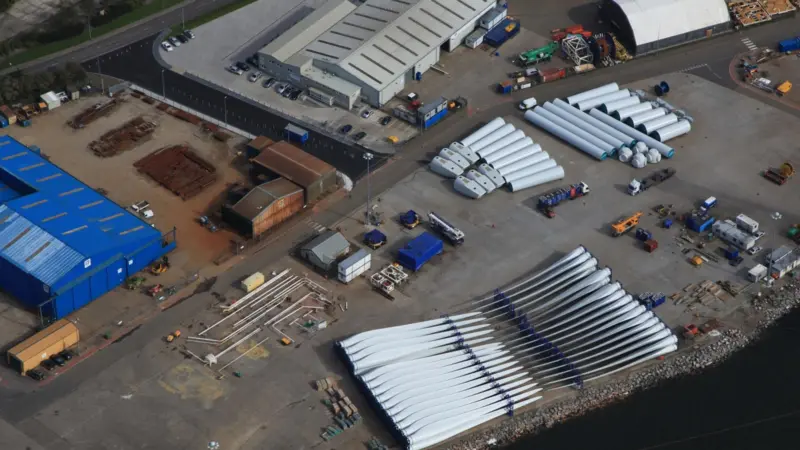 An aerial view of turbine laydown at the Invergordon Service Base..