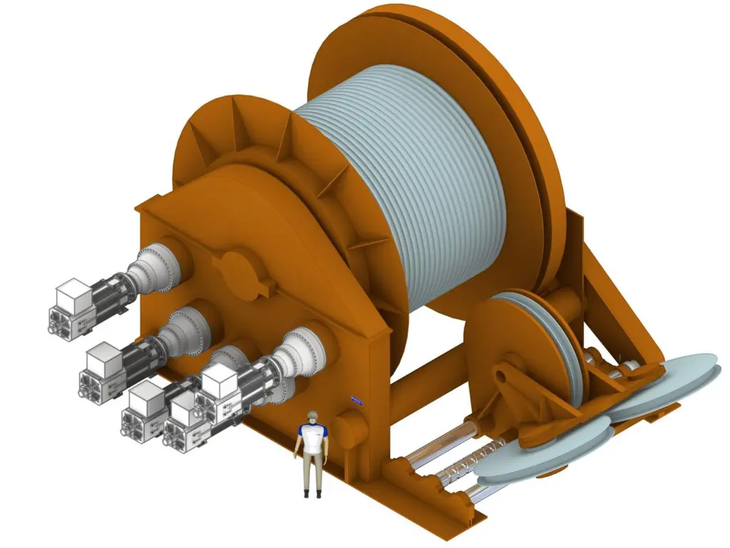 Markey’s type DEPS-76AR is a single drum, direct-pull type winch with level wind designed to work 3,300m of 120mm diameter wire rope.