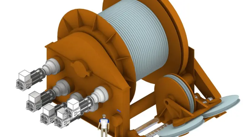 Markey’s type DEPS-76AR is a single drum, direct-pull type winch with level wind designed to work 3,300m of 120mm diameter wire rope.
