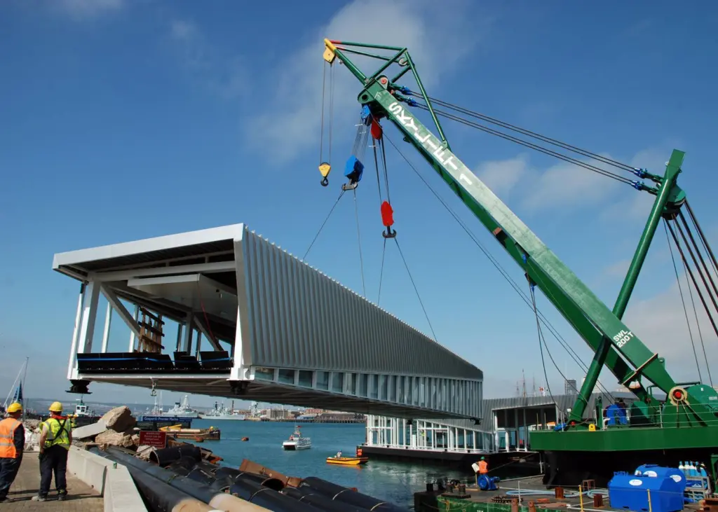 The 41m linkspan is seen halfway through its installation process on the Gosport side of Portsmouth Harbour.