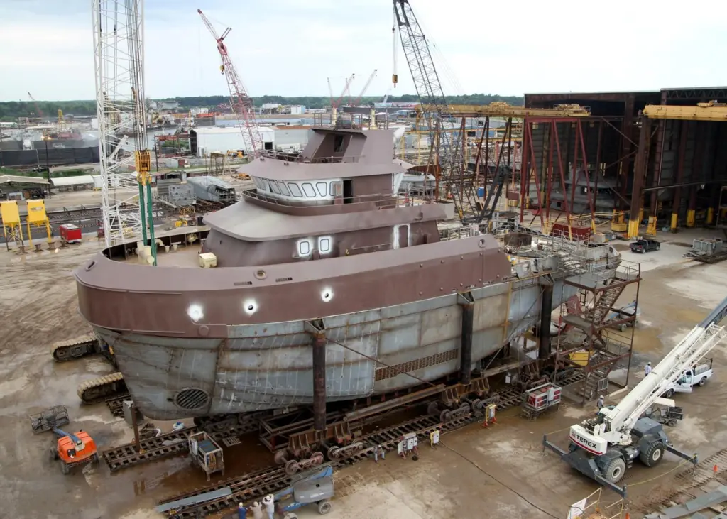 The new Crowley deepsea tug Ocean Wave is rapidly nearing completion in the Bollinger shipyard.