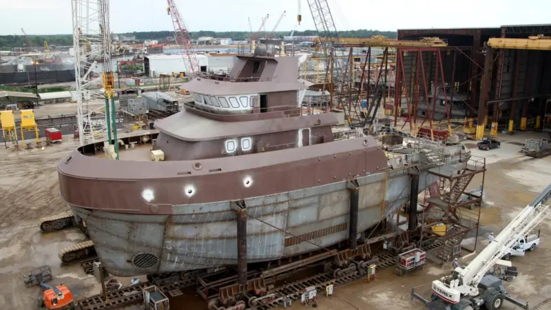 The new Crowley deepsea tug Ocean Wave is rapidly nearing completion in the Bollinger shipyard.