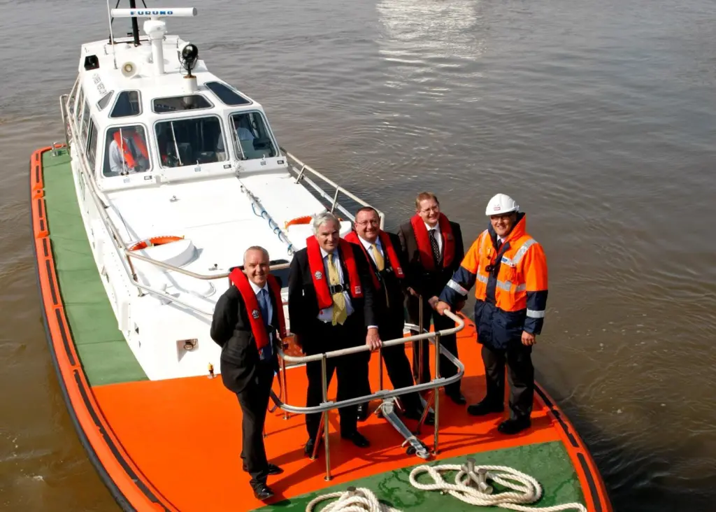 From left to right: John Fitzgerald, ABP port director Grimsby & Immingham; Lord Henley; Ian Schofield, ABP engineering director; Tom Jeynes, ABP sustainable development manager Humber; and Andrew Firman, ABP pilotage operations manager, aboard ...