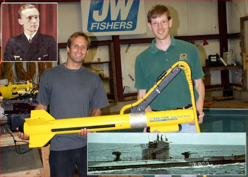 Main photo shows Wilhelm Schurmann (left) at the Fishers factory. Also seen are U-513 Captain Guggenberger and a German Type IX U-Boat similar to the 513.
