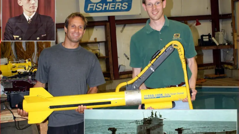 Main photo shows Wilhelm Schurmann (left) at the Fishers factory. Also seen are U-513 Captain Guggenberger and a German Type IX U-Boat similar to the 513.
