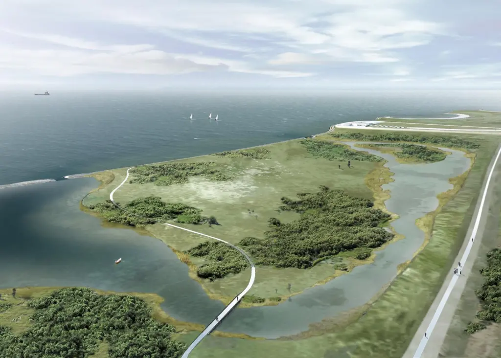 An artist’s impression of the to be area created by the project, which will include a lagoon and new wetlands.