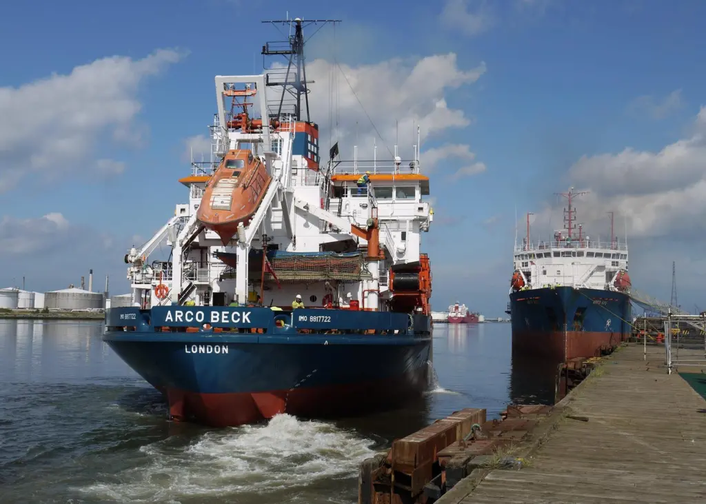 Arco Beck sails out of the River Tees for trials prior to a return to duty.