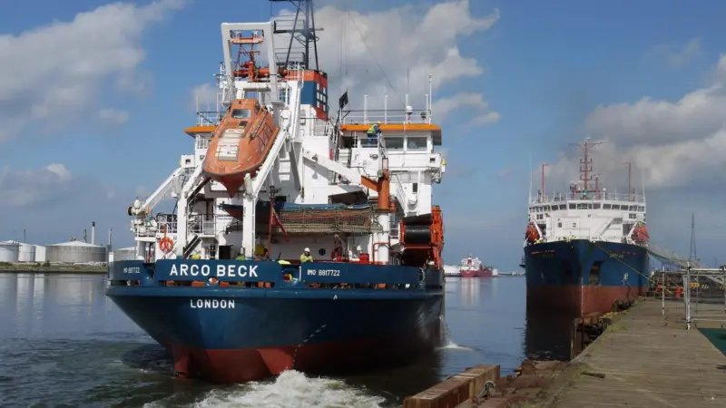 Arco Beck sails out of the River Tees for trials prior to a return to duty.