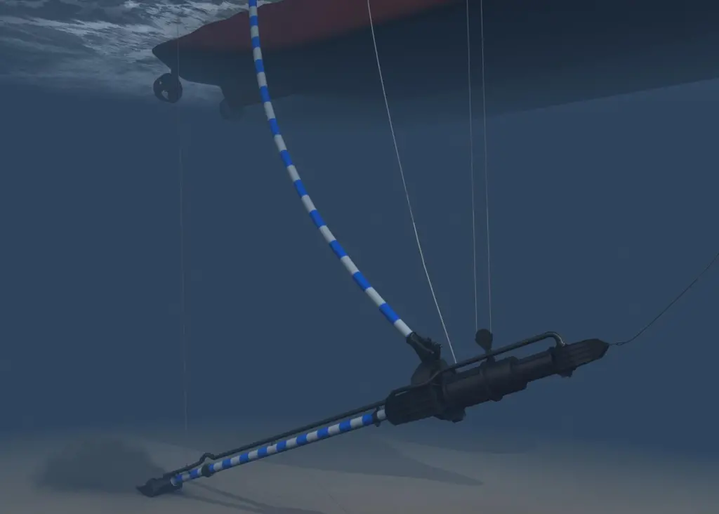 The submersed excavation unit is equipped with a dredge pump and jetwater pump which are both electrically driven. The mixture piping is shown in blue and white. The unit is suspended by steel cables.