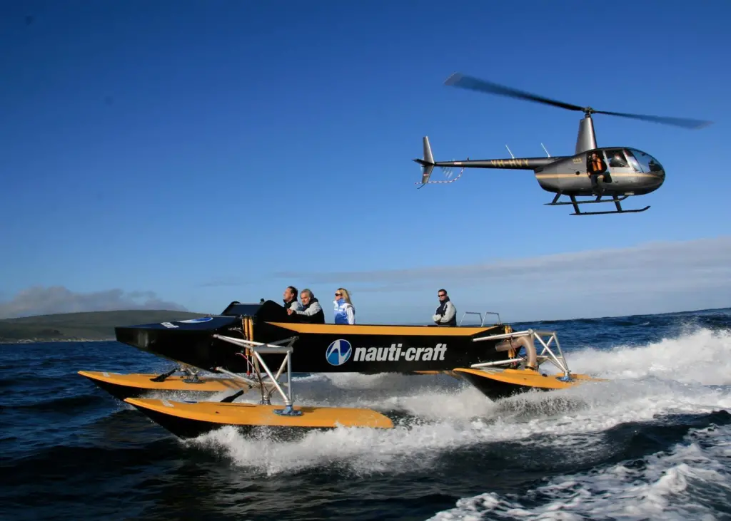 The Nauti-Craft personnel transport vessel, which features a passive-reactive interconnected suspension system supporting the deck above multiple hulls.