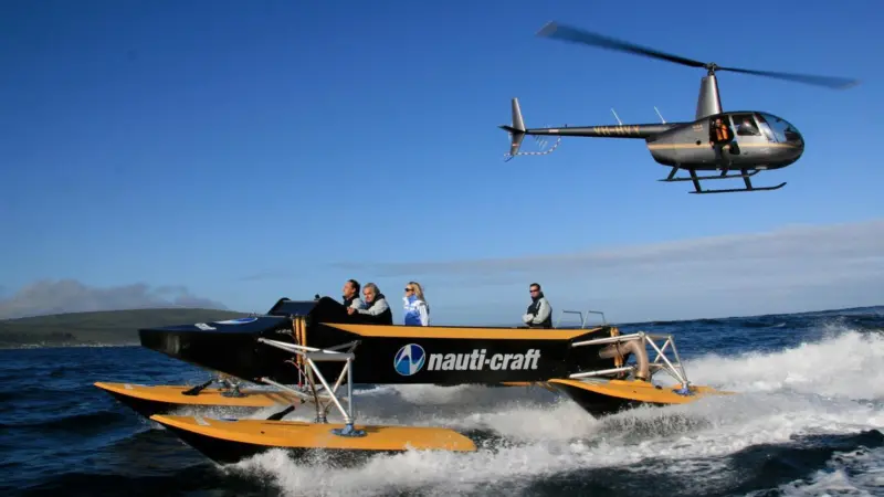 The Nauti-Craft personnel transport vessel, which features a passive-reactive interconnected suspension system supporting the deck above multiple hulls.